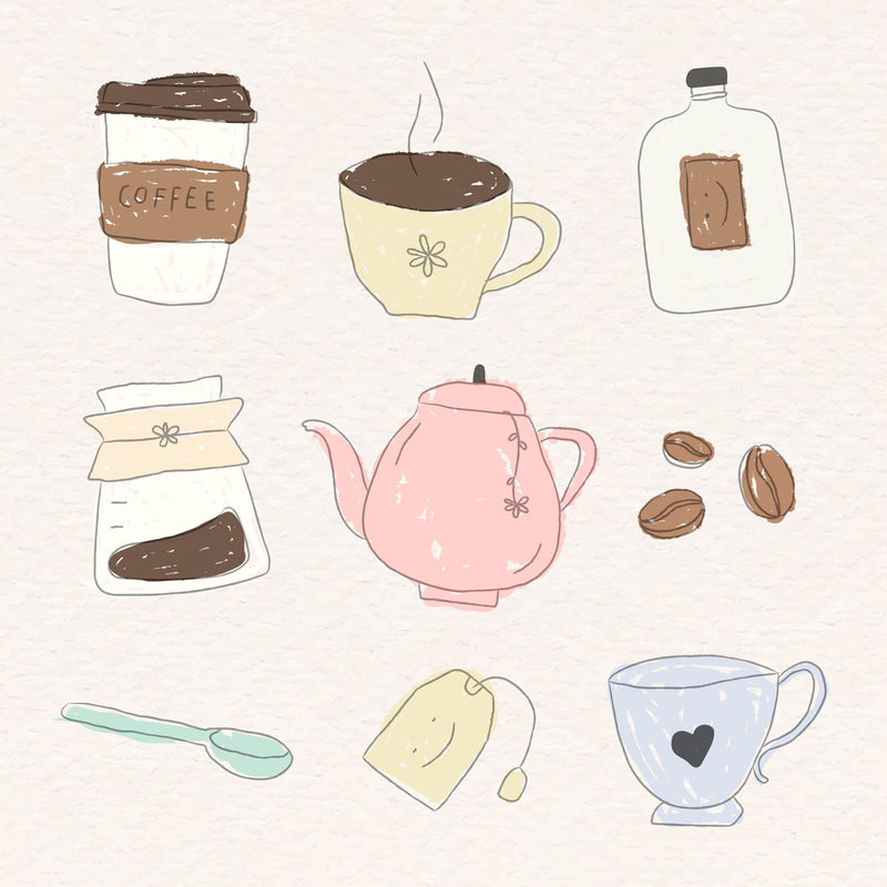 可爱的咖啡涂鸦设计元素向量集