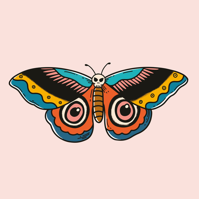 彩色复古飞蛾纹身矢量设计与粉彩背景