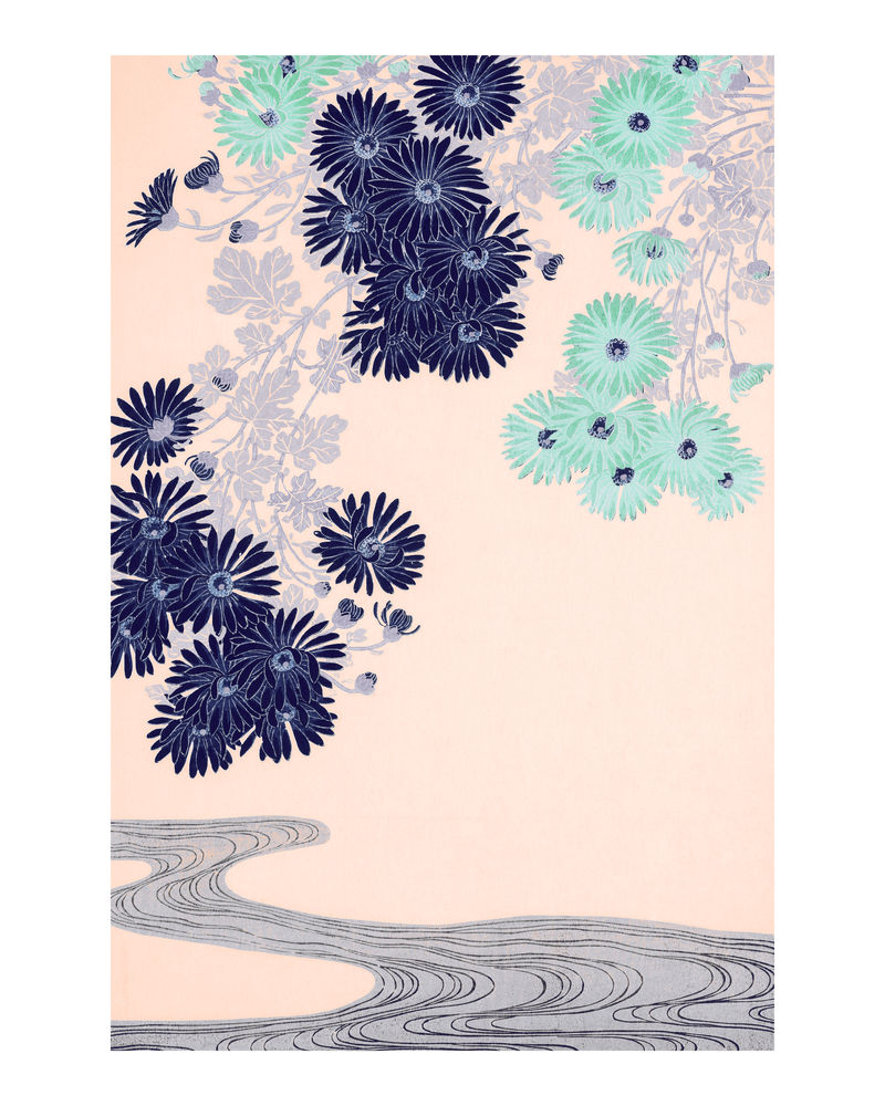菊花\u200b\u200b\u200b\u200b\u200b\u200b\u200b溪流上的花朵复古墙画印刷海报设计由Ohara Koson原创作品混合而成