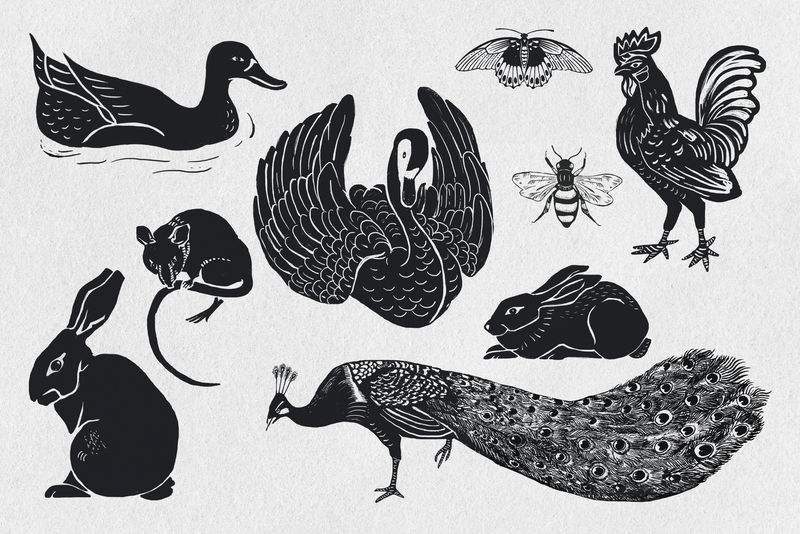 动物psd黑色linocut模板图案绘图集
