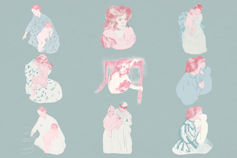 复古手绘母亲和她的孩子插图集混合从玛丽卡萨特的艺术作品