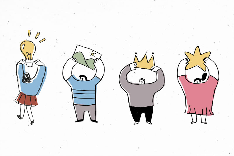 人们拿着创意图标和可爱的涂鸦集