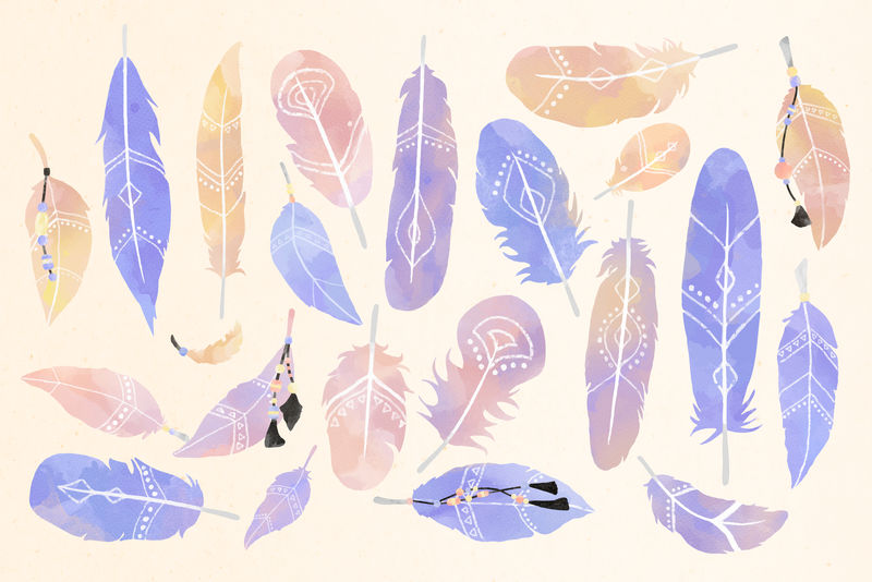 复古水彩画波西米亚psd羽毛套装