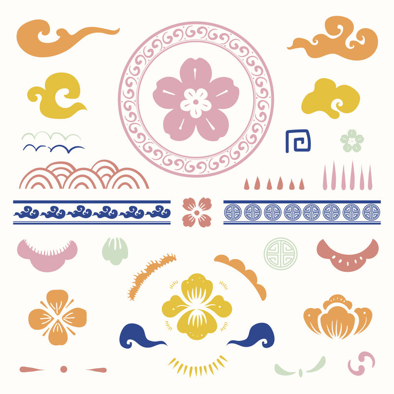 彩色中国传统花卉psd型临时纹身套装