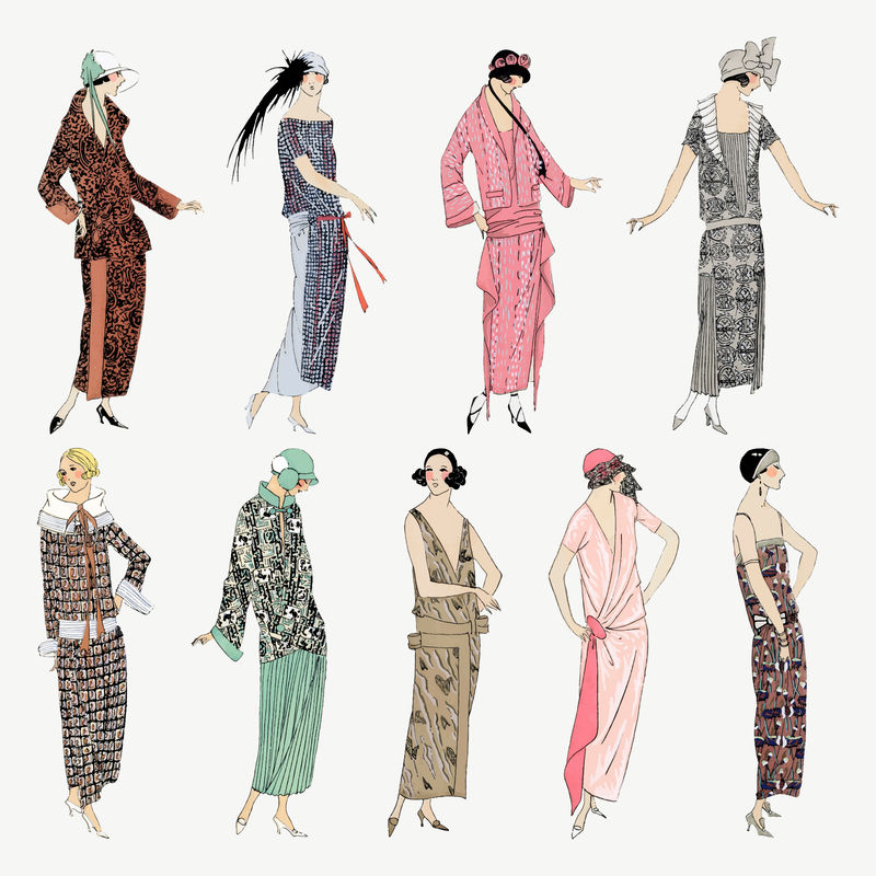 穿着时尚复古连衣裙的女性矢量根据Tr\u0026egrave；s Parisien上出版的复古插图重新混合而成