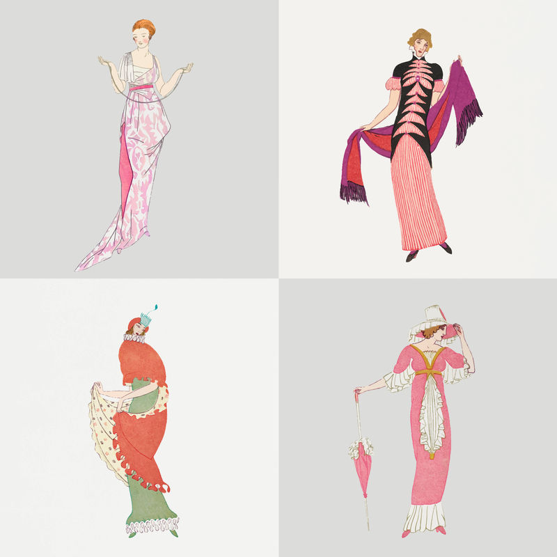 身着时尚复古连衣裙的女性矢量以公共领域艺术品为特色