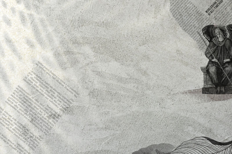 古董黑色大天使插图在垃圾报纸的背景