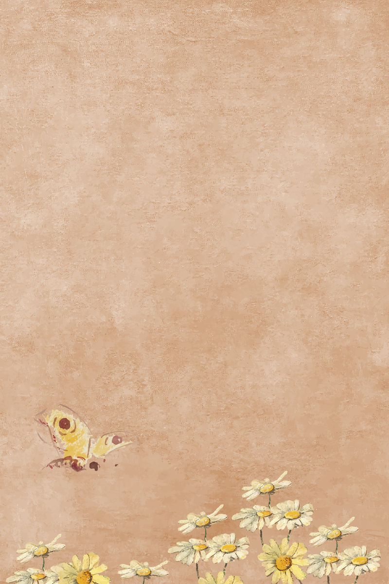黄色和白色雏菊与蝴蝶棕色油画背景向量