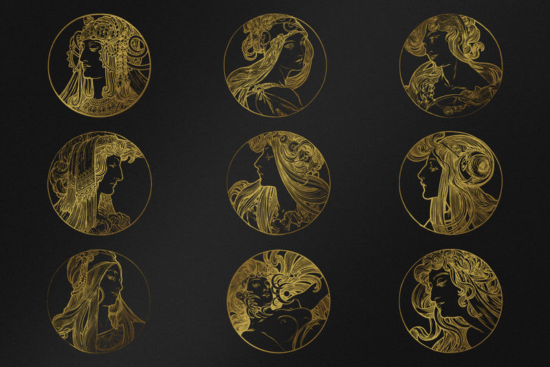 Art nouveau gold silhouette lady psd illustration setremixed from the artworks of???