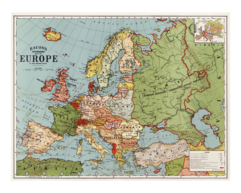 Bacon\u0026#39;s standard map of Europe复古插画墙画印刷品和海报设计混搭原创艺术作品