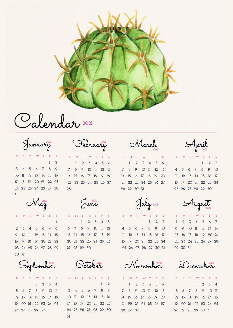 日历2021可打印模板psd与可爱的手绘仙人掌
