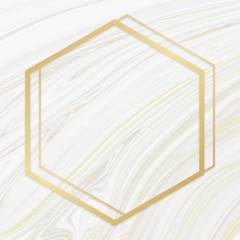 液体大理石纹理上的金色框架六边形