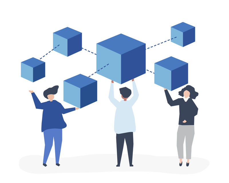 手持区块链网络插图的人物