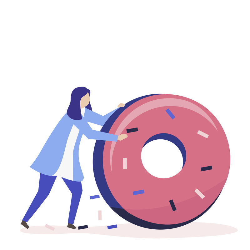一个女人滚动一个巨大的甜甜圈插图的角色