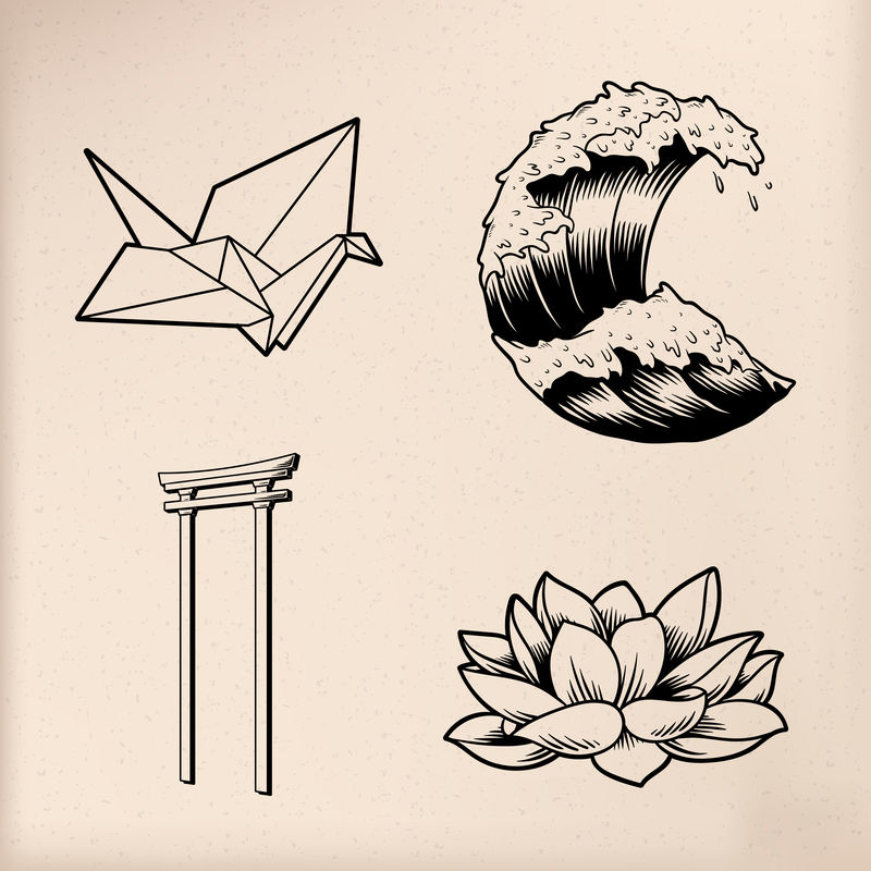 米色背景向量上的传统日本贴纸