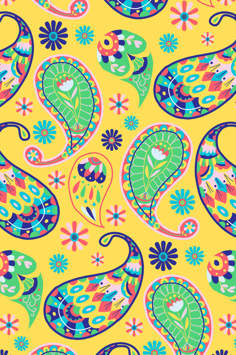 明亮的黄色印度佩斯利图案背景