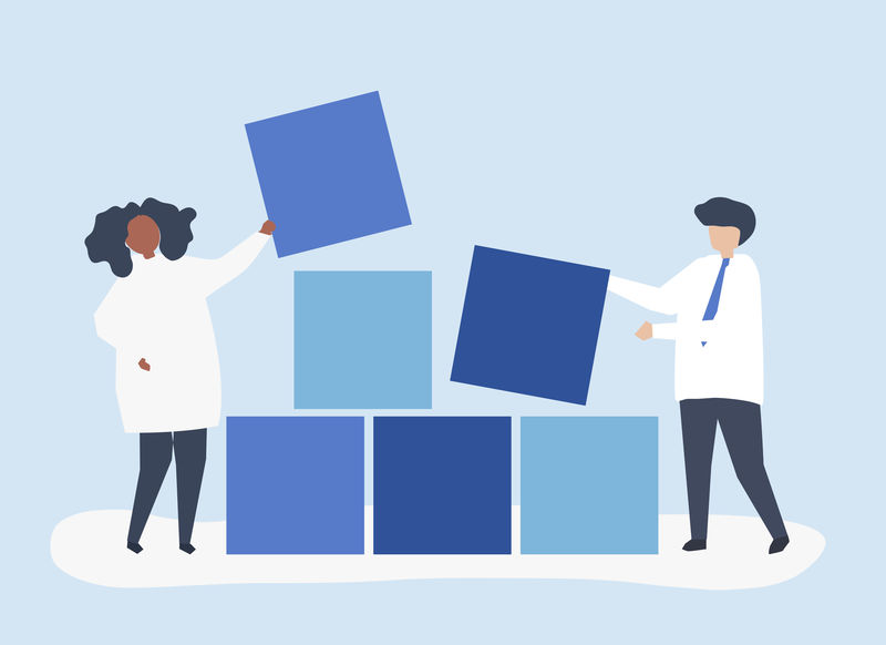 团队合作的概念说明一对夫妇的积木在一起