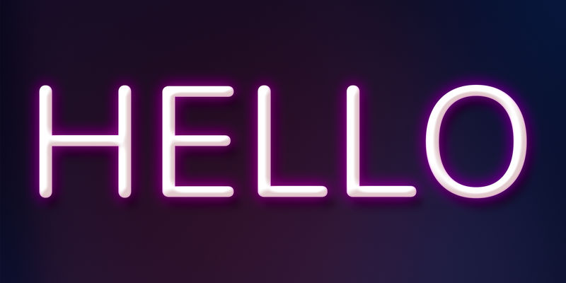 暗紫色背景上发光的霓虹灯HELLO字体