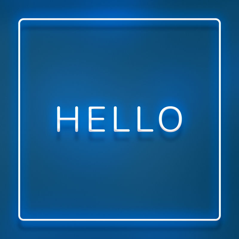 蓝色背景上发光的霓虹灯HELLO字体