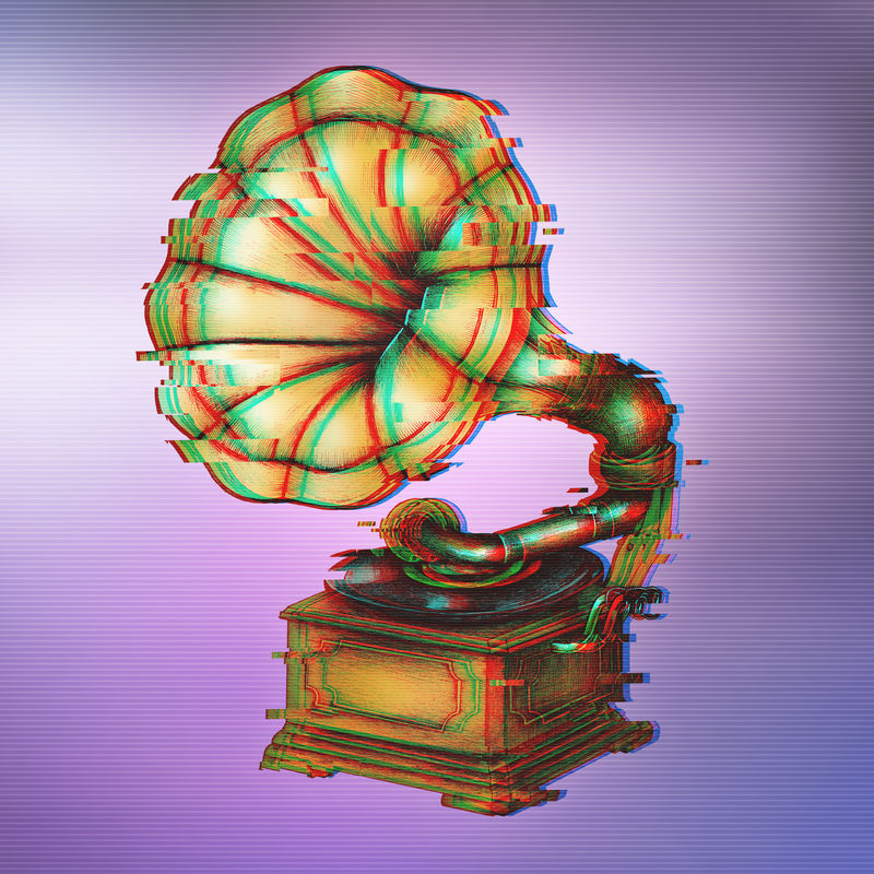 紫色背景上有小故障效果的留声机