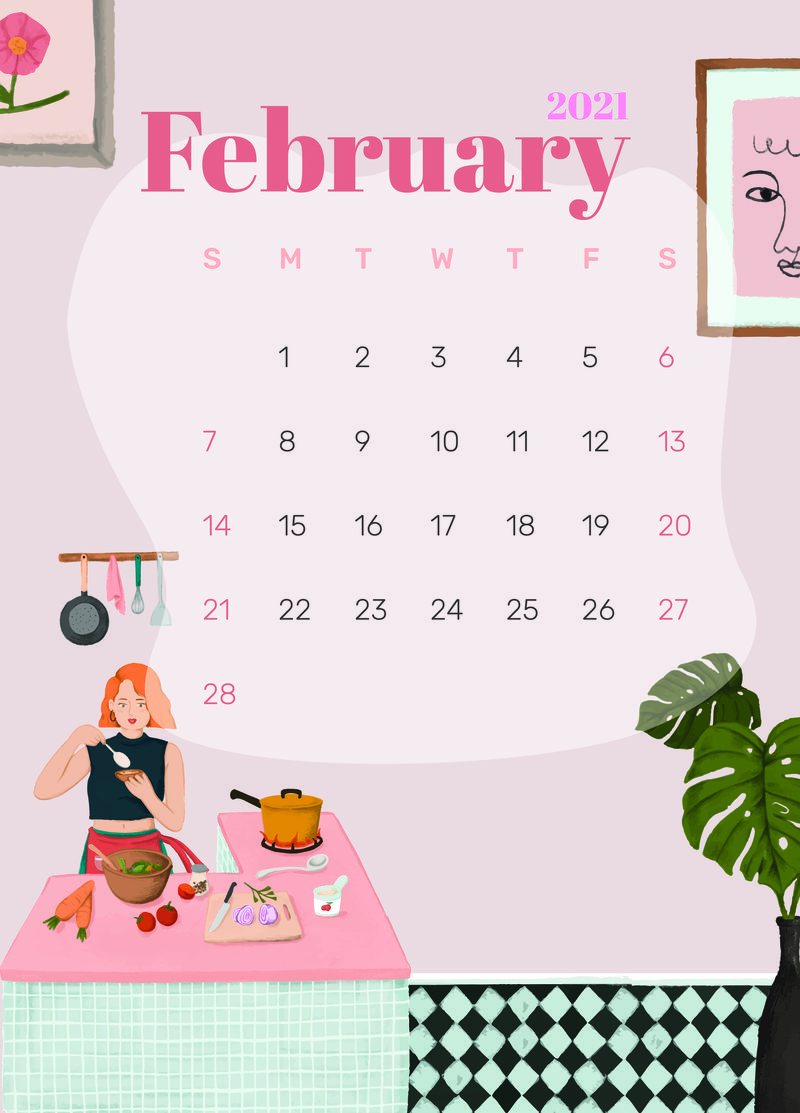 2021年2月日历可打印模板psd手绘生活方式