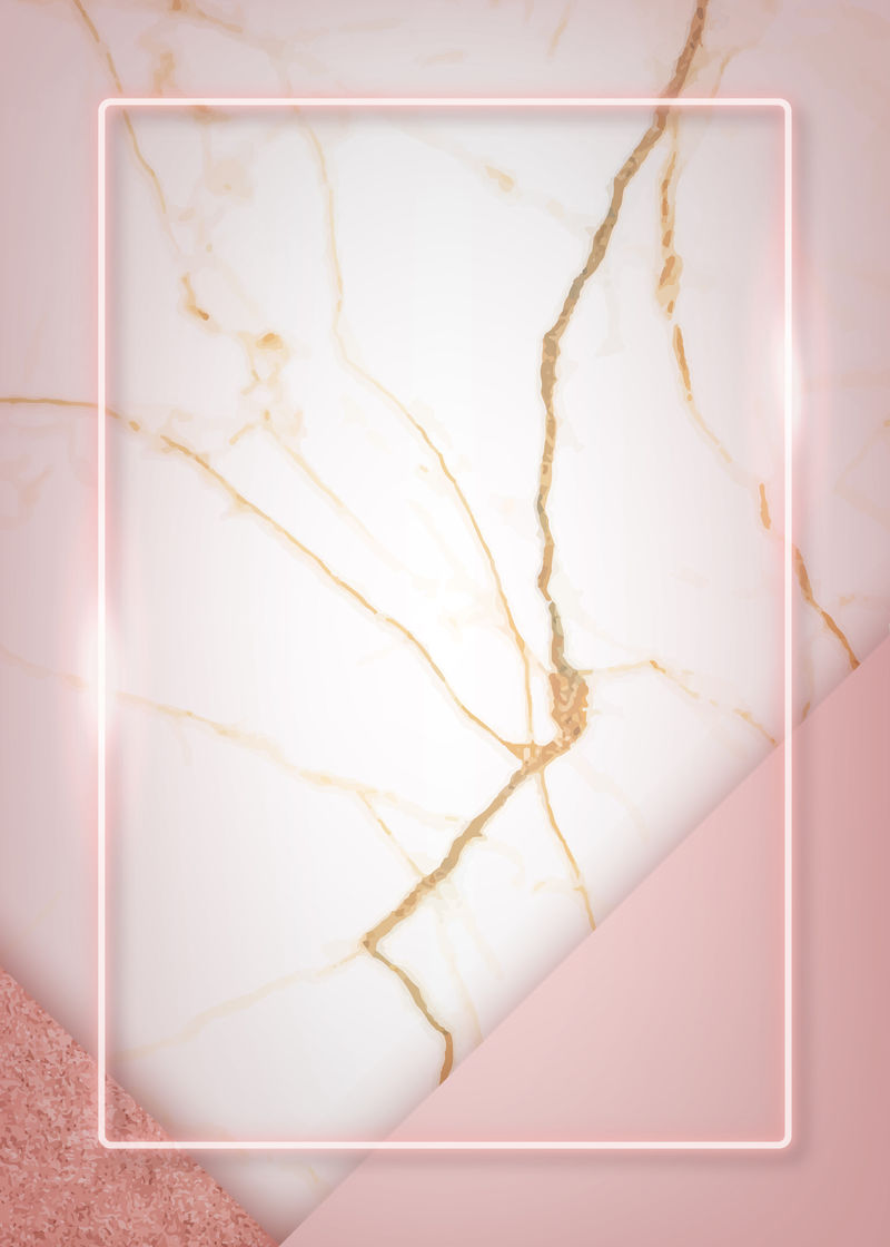 白色大理石背景矢量上的矩形粉红色霓虹灯框架
