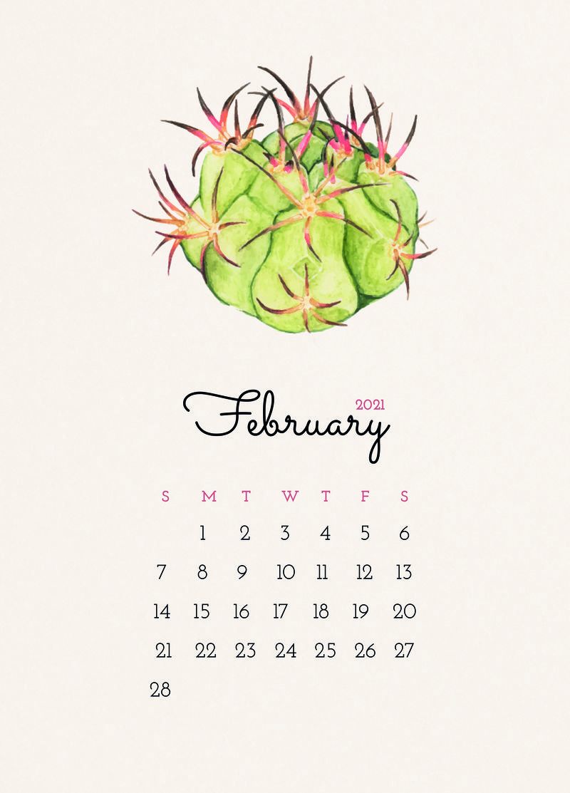 日历2021年2月可编辑模板psd与仙人掌