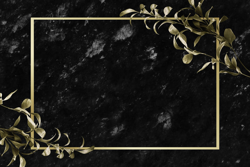 黑色大理石背景上的金色桉树叶插图