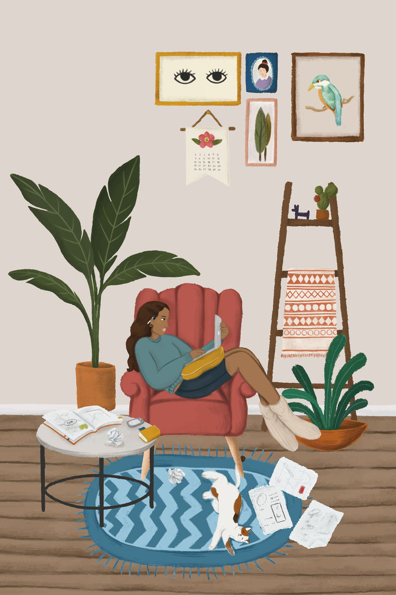 在红色沙发上使用笔记本电脑的女孩素描风格向量