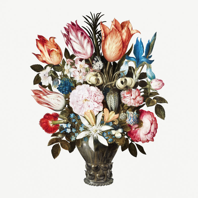 古典玫瑰郁金香百合和康乃馨花在玻璃插画植物墙艺术