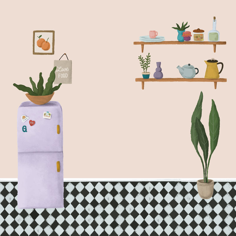 紫色冰箱在桃粉色厨房素描风格向量