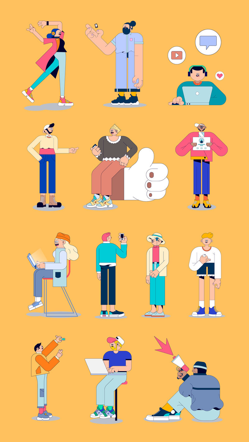 社交媒体手机壁纸载体上的多元化人物插图