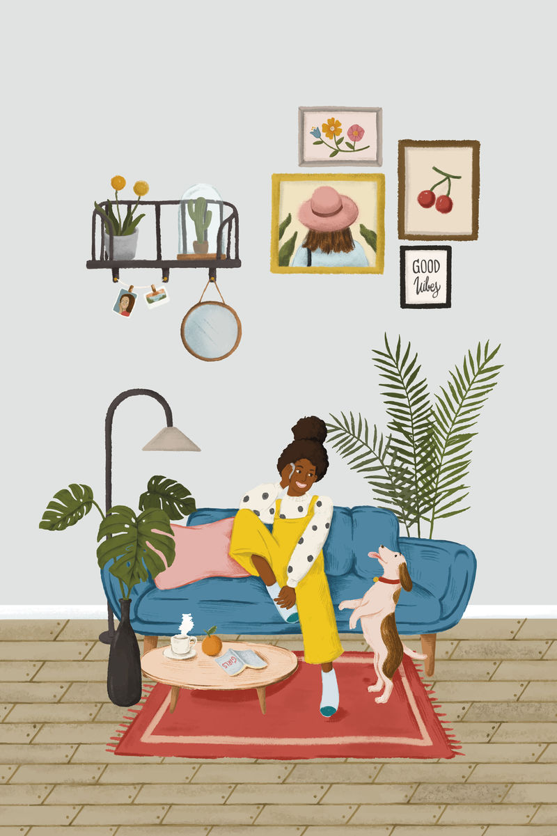 在蓝色沙发上打电话的女孩素描风格向量