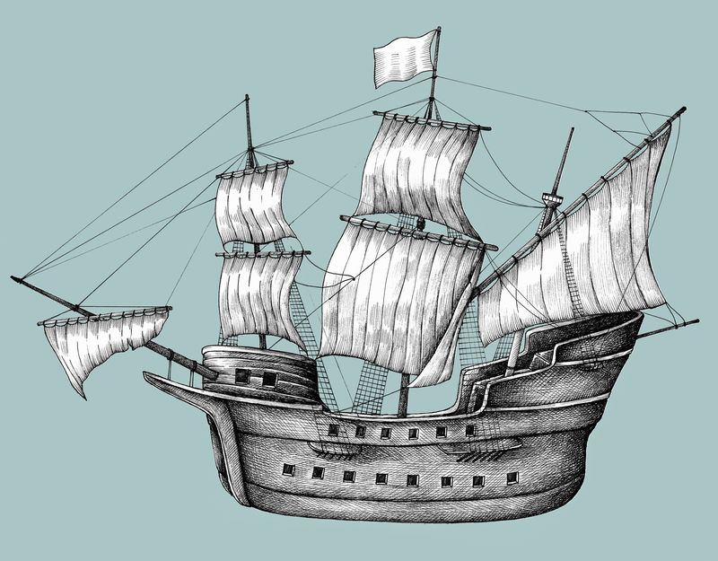 手绘帆船孤立的背景