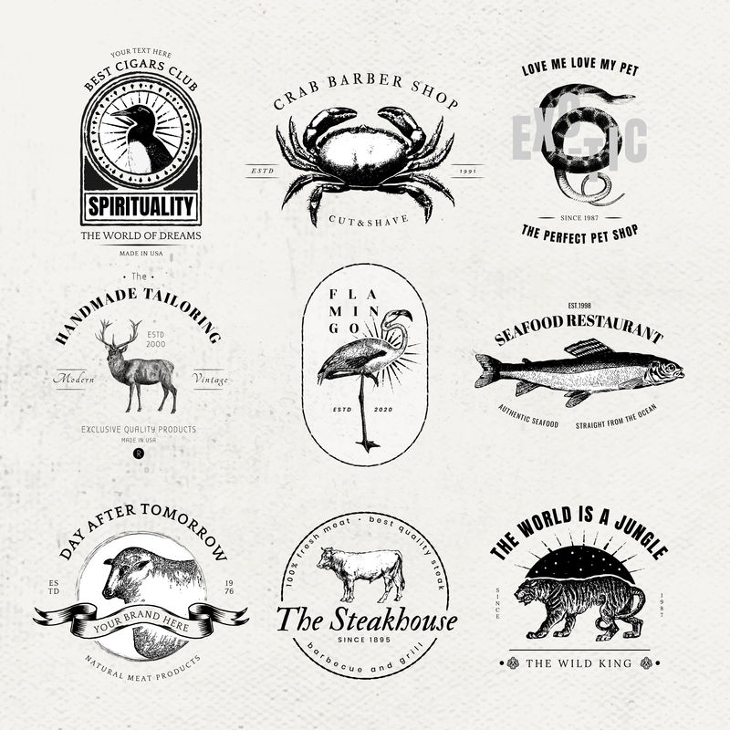 复古商业徽章矢量复古动物标志套装
