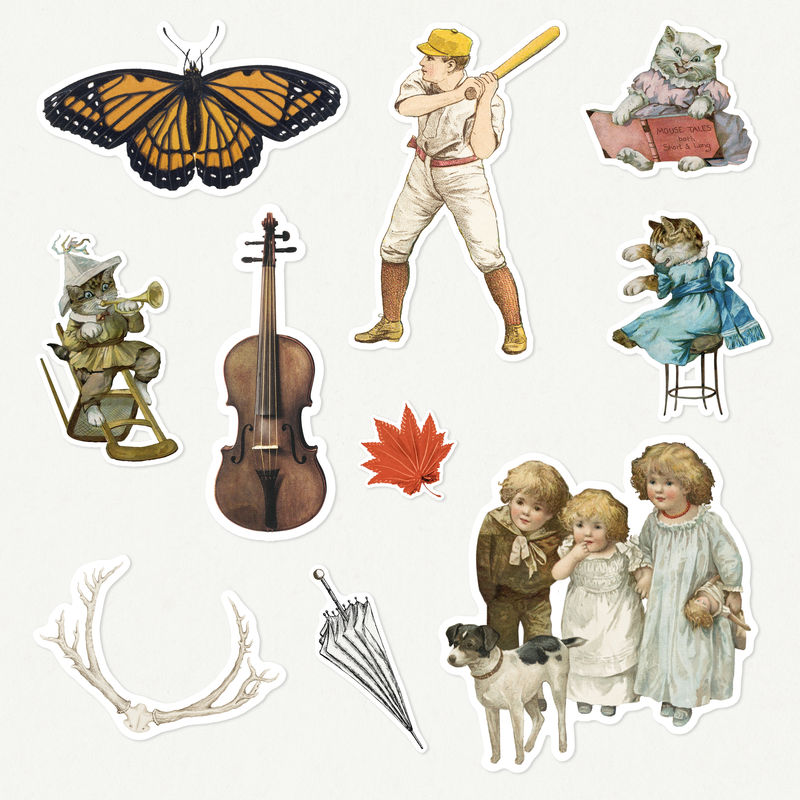 复古手绘贴纸白色边框