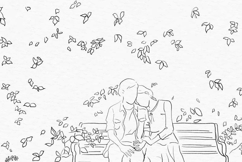 情人节主题素描中的情侣在花园里约会
