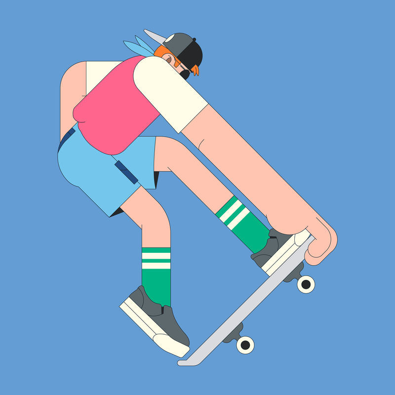 蓝色背景向量上的年轻滑板运动员角色