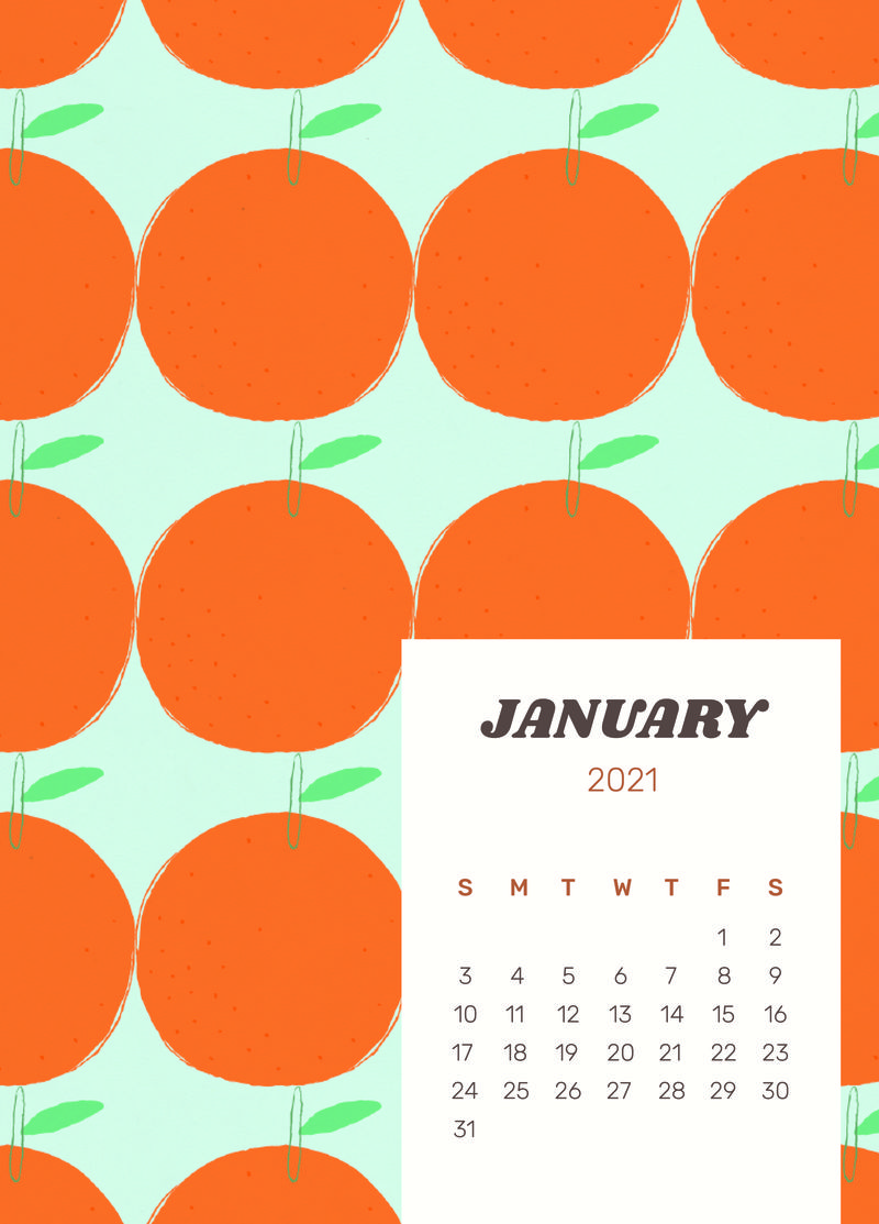 日历21年1月可打印psd模板与可爱的橙色背景素材 高清图片 摄影照片 寻图免费打包下载