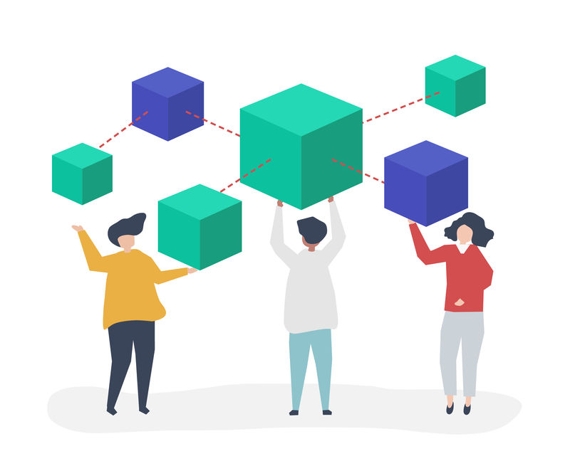 手持区块链网络插图的人物