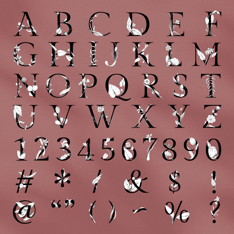 Psd标志字母123系列花卉复古排版字母表