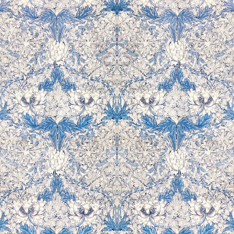 复古白色罂粟花蓝色叶子图案插图