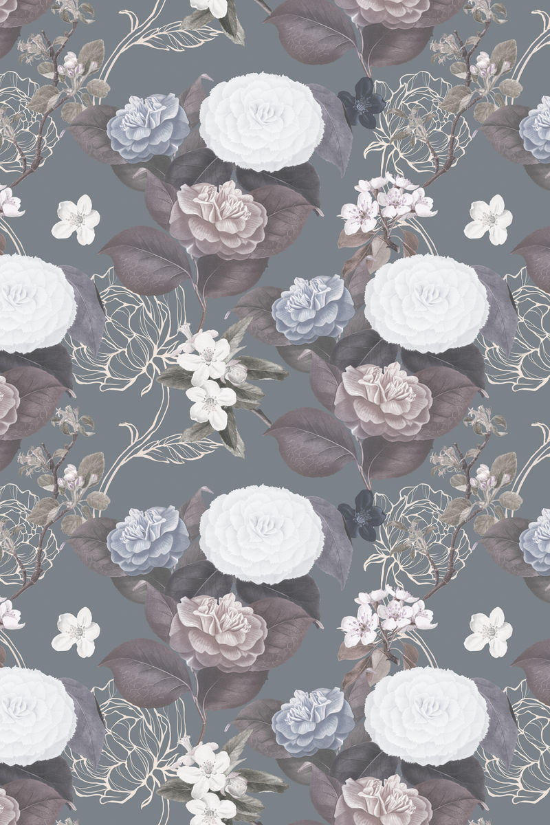 灰色背景上的手绘非饱和花朵图案