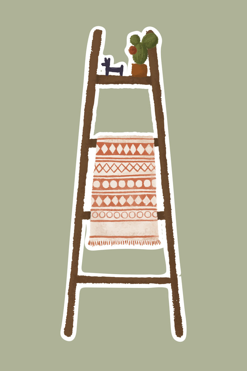 带毯子和盆栽仙人掌贴纸的梯子架