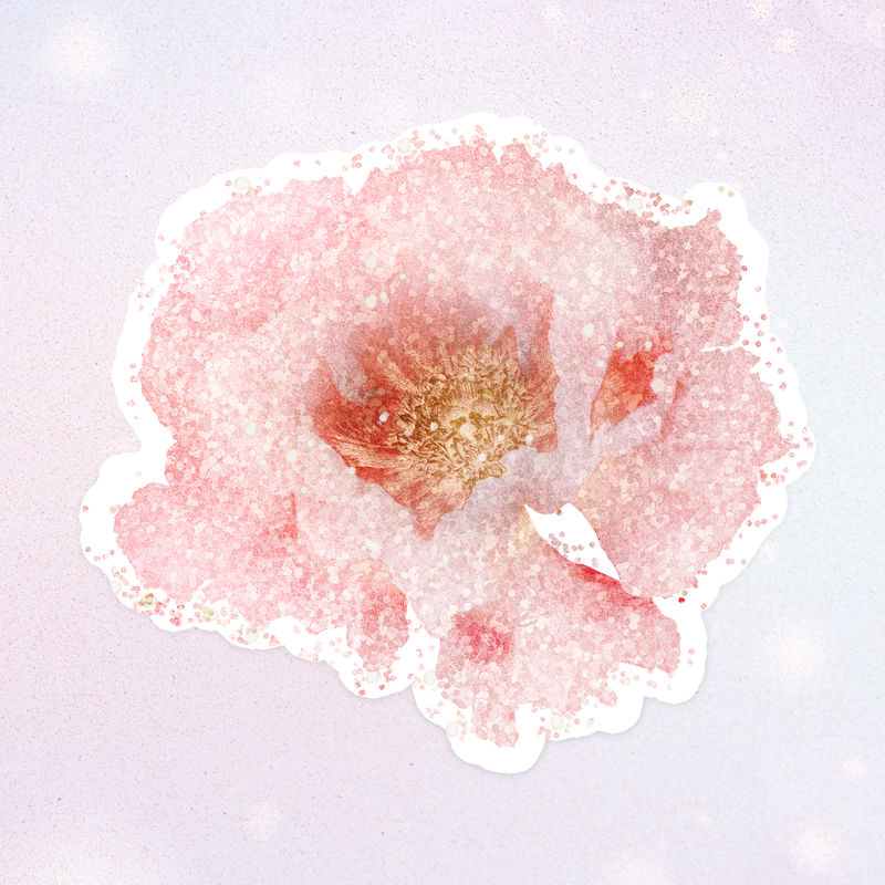 闪亮的牡丹花贴纸覆盖在柔和的紫色背景上