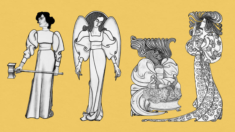 新艺术主义妇女在不同的活动集混合从扬图洛普的艺术作品