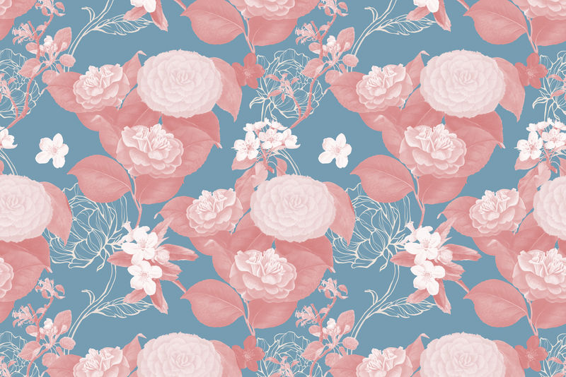 蓝色背景上的手绘红花图案