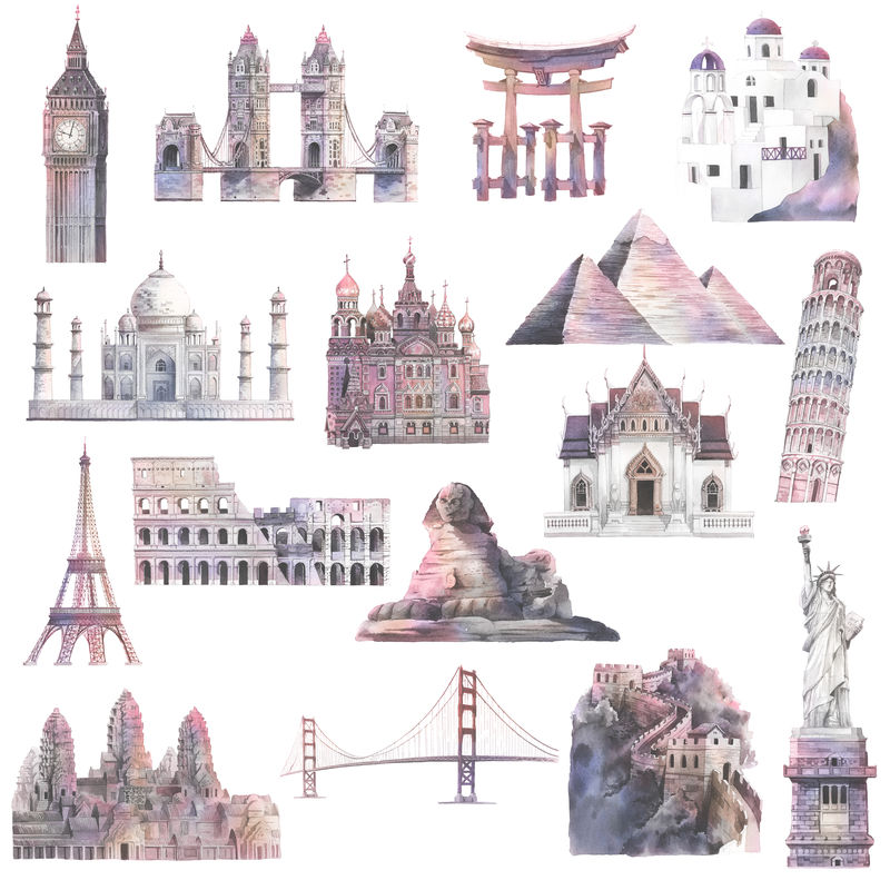 水彩画建筑地标集