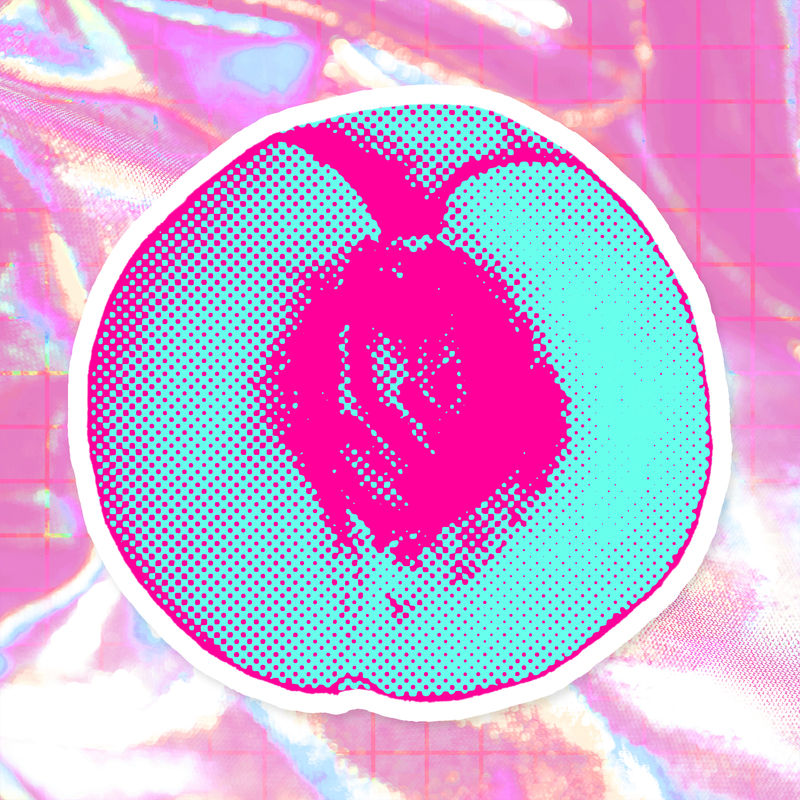 手绘时髦桃半色调风格贴纸与白色边框