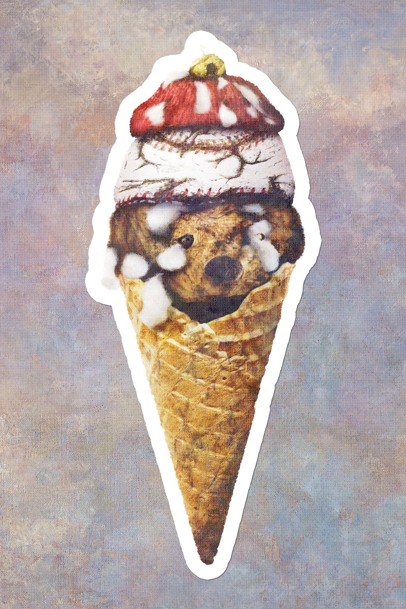 旧的垃圾玩具在一个冰淇淋筒贴纸设计元素